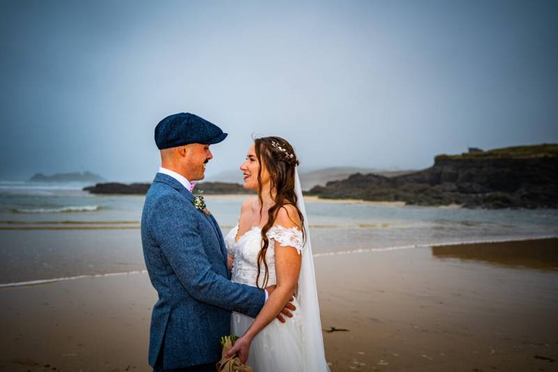 Bride and Groom portrait on Godrevy Beach Cornwall